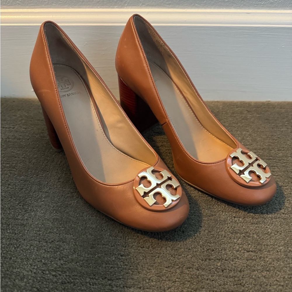 Tory Burch Janey Calf Leather Block Heel Pumps Light Brown Royal Tan